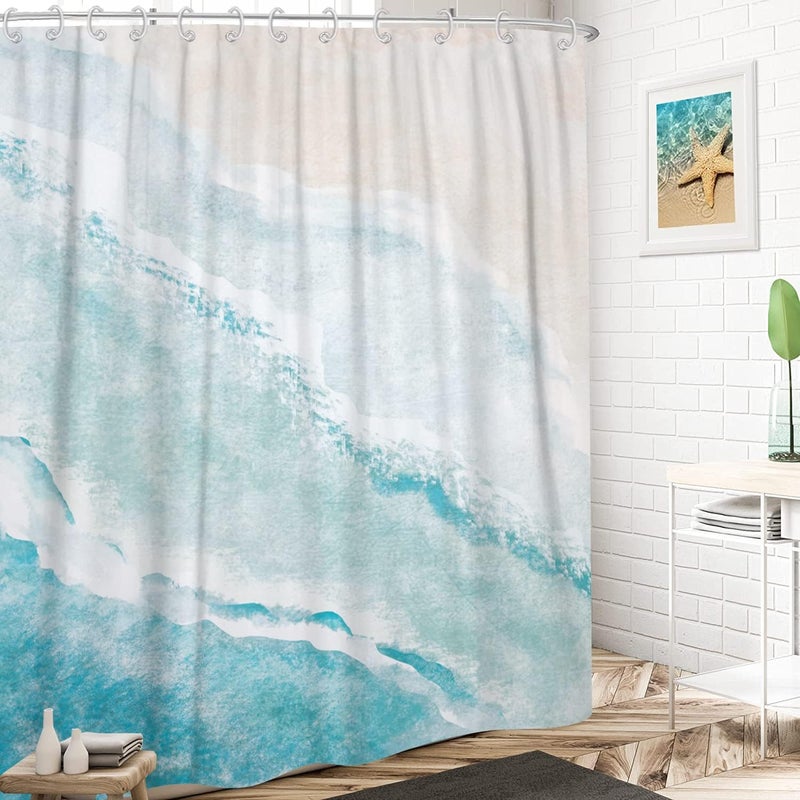 GCIREC Beach Shower Curtain  Teal Blue Coastal Ocean Beach Theme Bathroom Curtain Waterproof Fabric Machine Washable with Hooks 72"" Wx72 L - Image 3